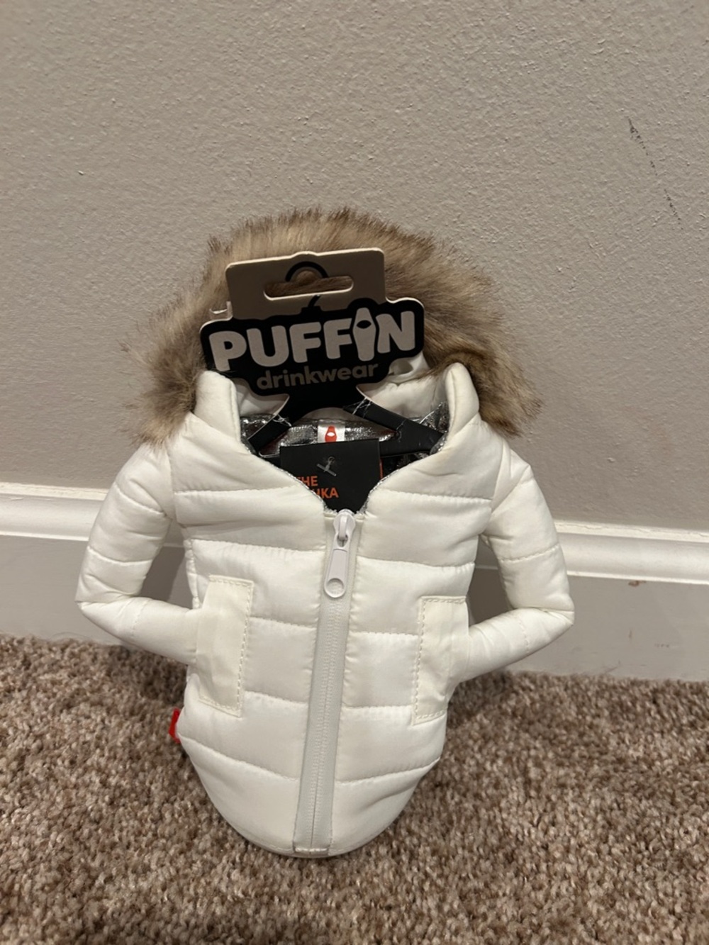 Puffin Drinkwear Women’s White Puffer Bottle Jacket with Faux Fur Hood